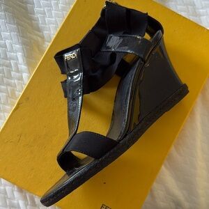 Fendi Black Patent Wedge Sandals